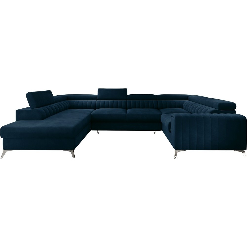 Canapé d'angle convertible LOUCA VELOURS Luxe, 7/8 places, bleu foncé, accoudoir droit (vu de face)