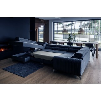Canapé d'angle convertible LOUCA VELOURS Luxe, 7/8 places, bleu foncé, accoudoir droit (vu de face)