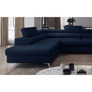 Canapé d'angle convertible LOUCA VELOURS Luxe, 7/8 places, bleu foncé, accoudoir droit (vu de face)