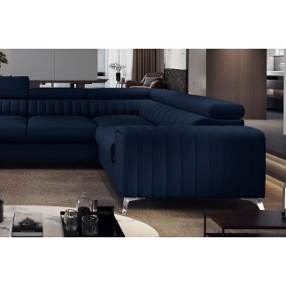 Canapé d'angle convertible LOUCA VELOURS Luxe, 7/8 places, bleu foncé, accoudoir droit (vu de face)