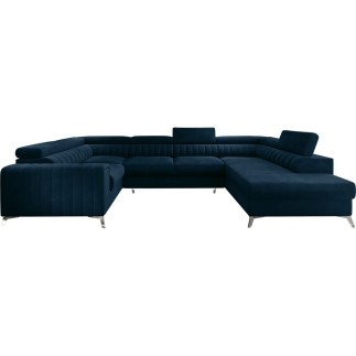 - Canapé d'angle convertible, LOUCA VELOURS Luxe, 7/8 places, bleu foncé, accoudoir gauche (vu de face)
