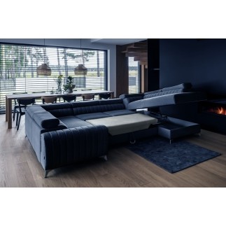 - Canapé d'angle convertible, LOUCA VELOURS Luxe, 7/8 places, bleu foncé, accoudoir gauche (vu de face)