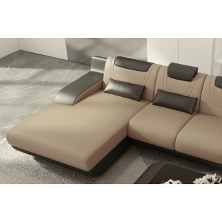 Canapé d'angle en cuir italien 5 places - HANSEN, beige et chocolat, angle gauche