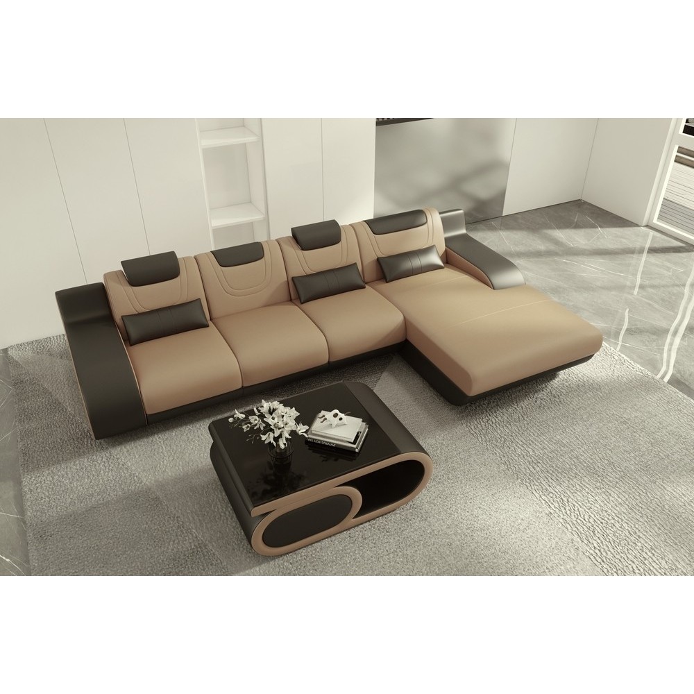Canapé d'angle en cuir italien 5 places HANSEN, beige et chocolat, angle droit Canapé d'angle en cuir italien 5 places HANSEN, beige et chocolat, angle droit