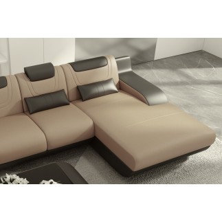 Canapé d'angle en cuir italien 5 places HANSEN, beige et chocolat, angle droit