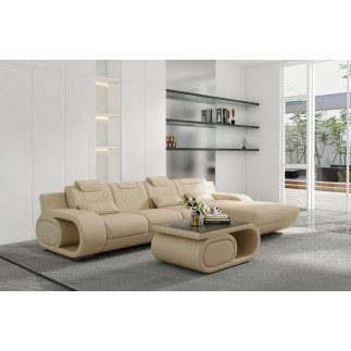 Canapé d'angle en cuir italien 5 places HANSEN, beige, angle droit
