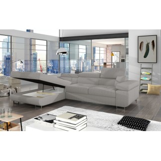 Canapé d'angle convertible - ARMEL en velours cottelé luxe 5 places, couleur gris, coffre, angle gauche (vu de face)