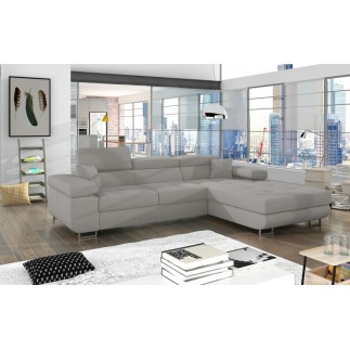 Canapé d'angle convertible ARMEL en velours cottelé luxe 5 places, couleur gris, avec coffre, angle droit (vu de face)