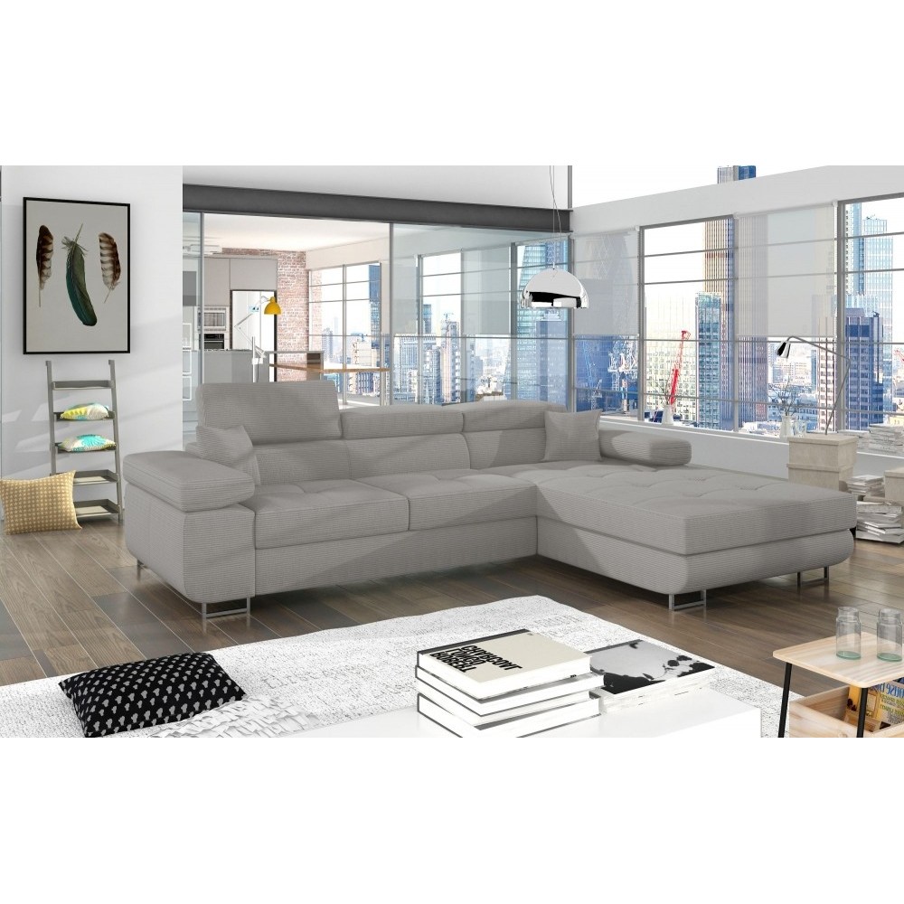 Canapé d'angle convertible ARMEL en velours cottelé luxe 5 places, couleur gris, avec coffre, angle droit (vu de face) Canapé d'angle convertible ARMEL en velours cottelé luxe 5 places, couleur gris, avec coffre, angle droit (vu de face)