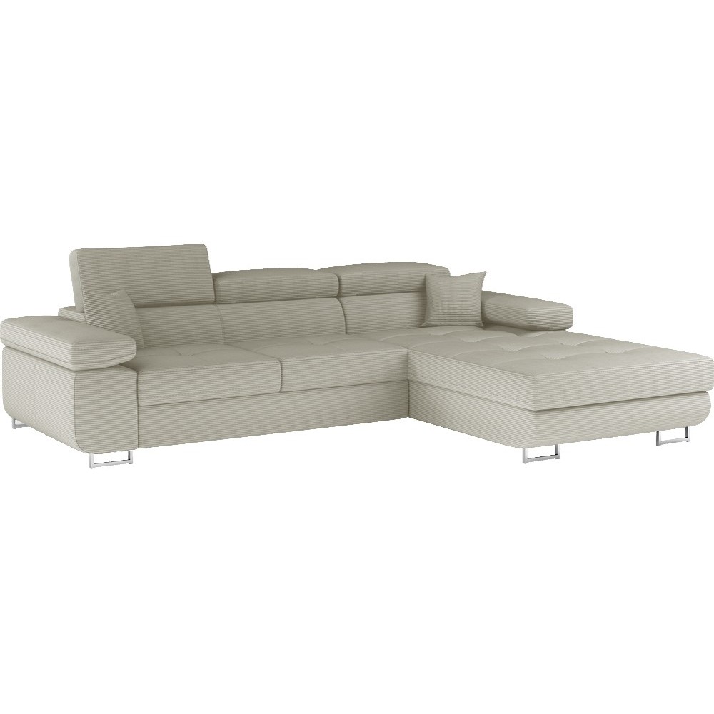 Canapé d'angle convertible ARMEL en velours cottelé luxe 5 places, couleur beige, avec coffre, angle droit (vu de face) Canapé d'angle convertible ARMEL en velours cottelé luxe 5 places, couleur beige, avec coffre, angle droit (vu de face)