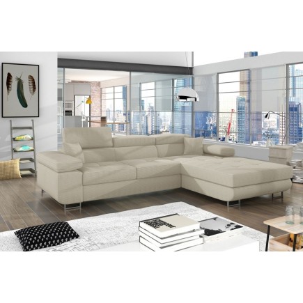 Canapé d'angle convertible ARMEL en velours cottelé luxe 5 places, couleur beige, avec coffre, angle droit (vu de face)