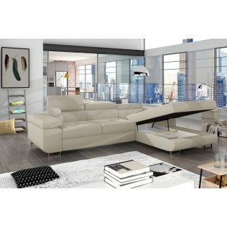 Canapé d'angle convertible ARMEL en velours cottelé luxe 5 places, couleur beige, avec coffre, angle droit (vu de face)