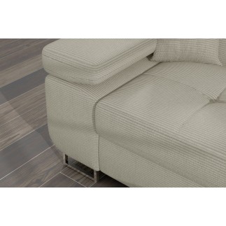 Canapé d'angle convertible ARMEL en velours cottelé luxe 5 places, couleur beige, avec coffre, angle droit (vu de face)