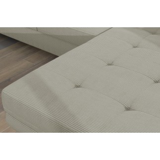 Canapé d'angle convertible ARMEL en velours cottelé luxe 5 places, couleur beige, avec coffre, angle droit (vu de face)