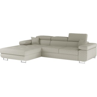 Canapé d'angle convertible - ARMEL en velours cottelé luxe 5 places, couleur beige, coffre, angle gauche (vu de face)