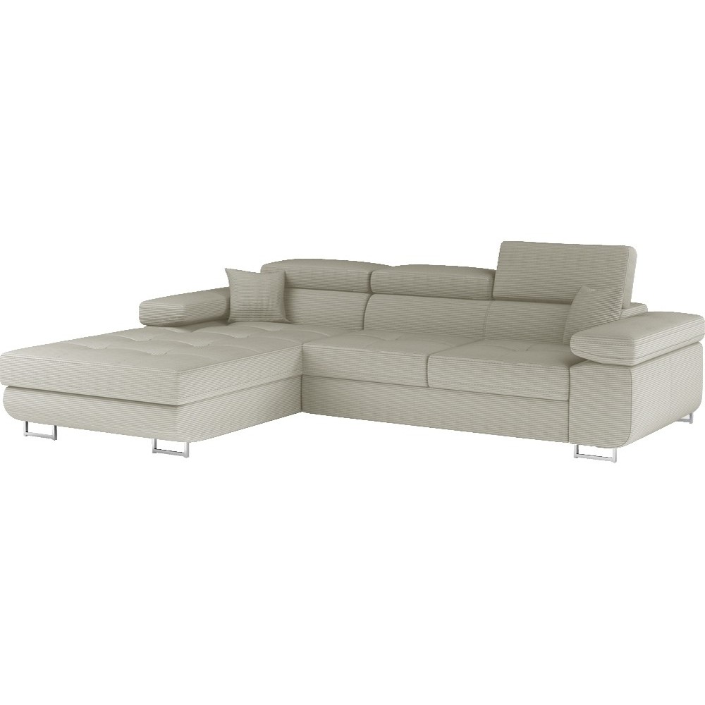 Canapé d'angle convertible - ARMEL en velours cottelé luxe 5 places, couleur beige, coffre, angle gauche (vu de face) Canapé d'angle convertible - ARMEL en velours cottelé luxe 5 places, couleur beige, coffre, angle gauche (vu de face)