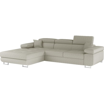 Canapé d'angle convertible - ARMEL en velours cottelé luxe 5 places, couleur beige, coffre, angle gauche (vu de face)