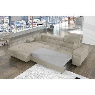 Canapé d'angle convertible - ARMEL en velours cottelé luxe 5 places, couleur beige, coffre, angle gauche (vu de face)