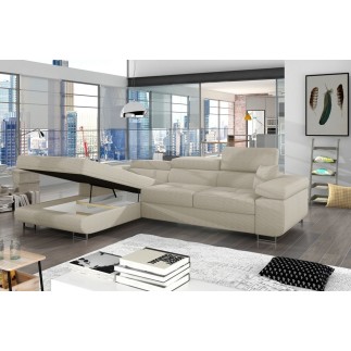 Canapé d'angle convertible - ARMEL en velours cottelé luxe 5 places, couleur beige, coffre, angle gauche (vu de face)