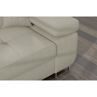 Canapé d'angle convertible - ARMEL en velours cottelé luxe 5 places, couleur beige, coffre, angle gauche (vu de face)