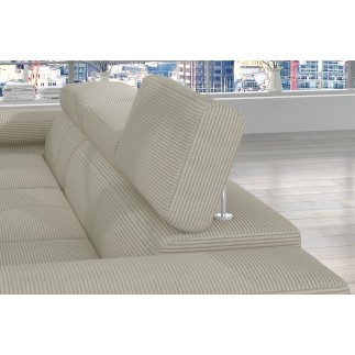 Canapé d'angle convertible - ARMEL en velours cottelé luxe 5 places, couleur beige, coffre, angle gauche (vu de face)