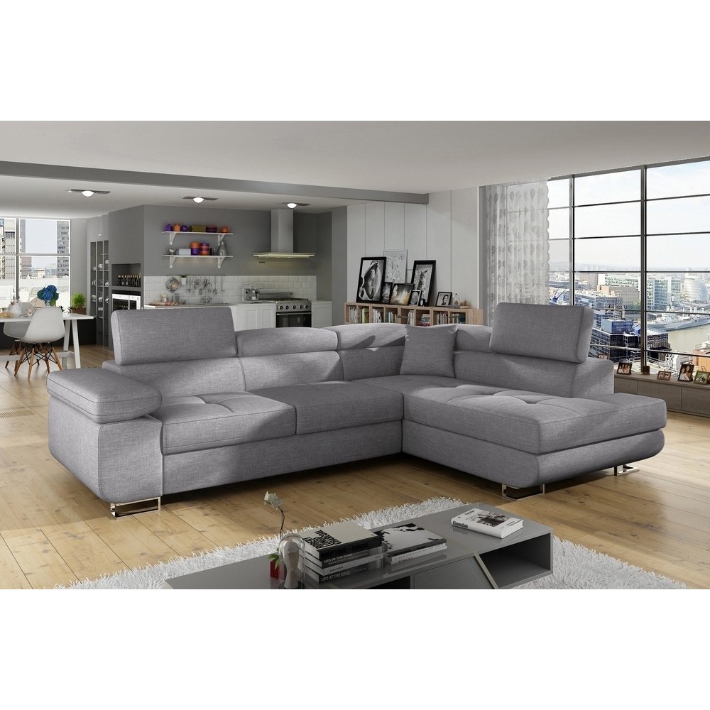 Canapé d'angle convertible en tissu luxe 5 places, ANNECY TISSU, couleur gris, angle droit Canapé d'angle convertible en tissu luxe 5 places, ANNECY TISSU, couleur gris, angle droit