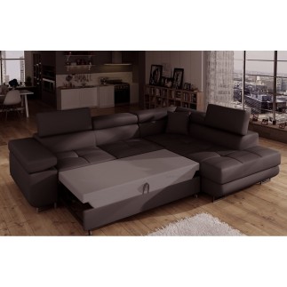 Canapé d'angle convertible en simili cuir 5 places, ANVERS SIMILI, chocolat, angle droit