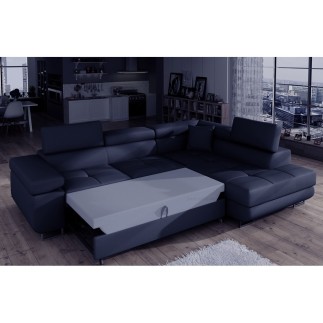 Canapé d'angle convertible en simili cuir 5 places, ANVERS SIMILI, bleu foncé, angle droit