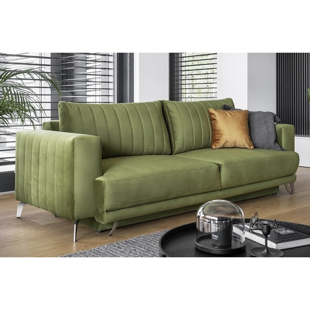Canapé 3/4 places convertible et espace de rangement - vert - en tissu de qualité luxe, ELSA