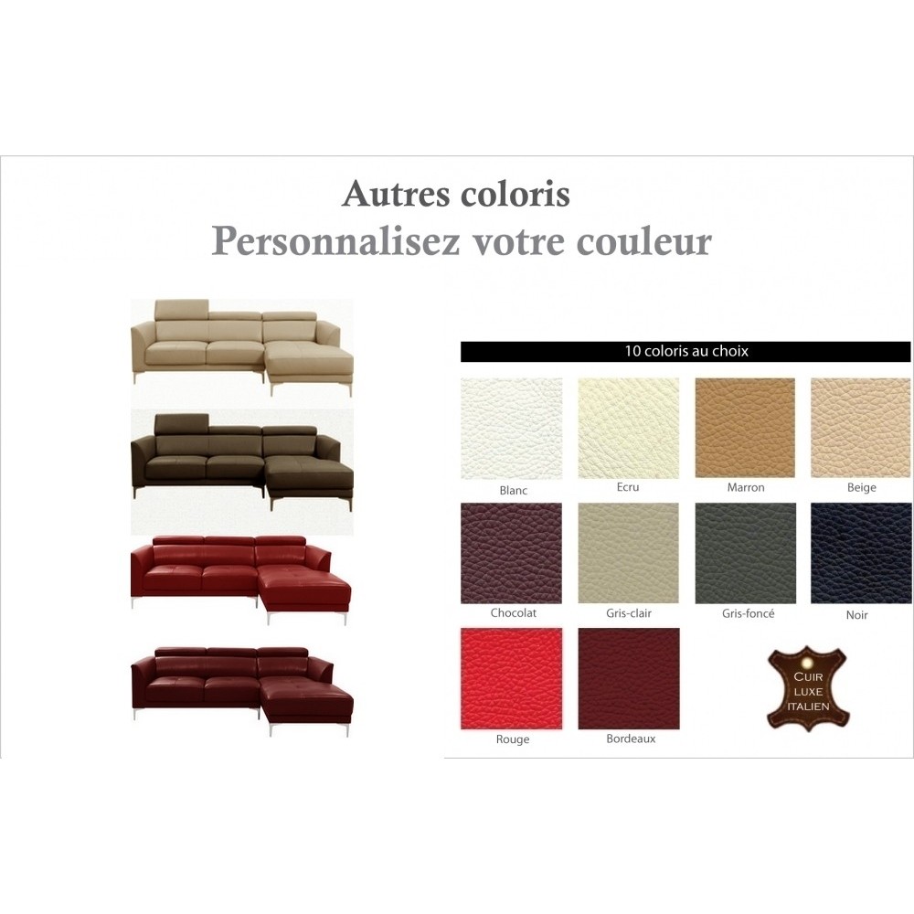 Canapé d'angle en cuir italien WILLIAM, couleur personnalisée, angle droit (vu de face), 4/5 places Canapé d'angle en cuir italien WILLIAM, couleur personnalisée, angle droit (vu de face), 4/5 places