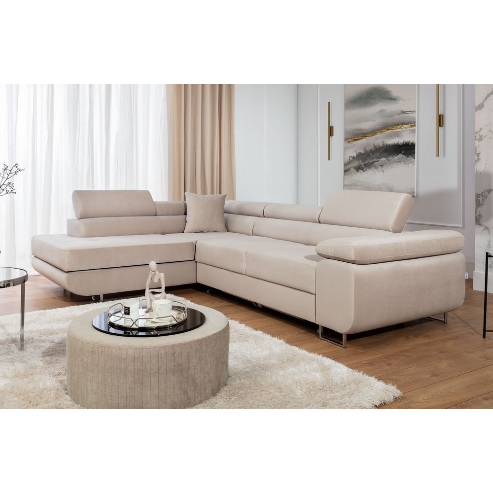 Canapé d'angle convertible - en velours luxe 5 places, avec coffre, beige, angle gauche (vu de face), ANNECY VELOURS