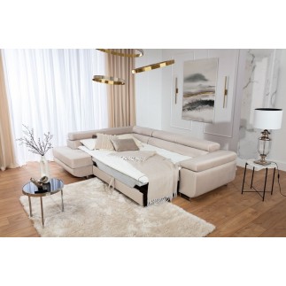 Canapé d'angle convertible - en velours luxe 5 places, avec coffre, beige, angle gauche (vu de face), ANNECY VELOURS
