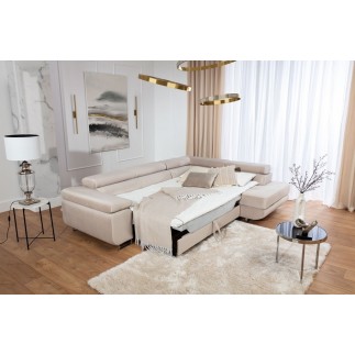 Canapé d'angle convertible en velours luxe 5 places, avec coffre, beige, angle droit (vu de face), ANNECY VELOURS