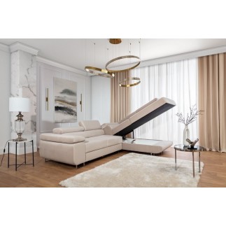 Canapé d'angle convertible en velours luxe 5 places, avec coffre, beige, angle droit (vu de face), ANNECY VELOURS