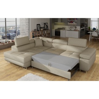 Canapé d'angle convertible en velours cotelé luxe 5 places, avec coffre, beige, angle gauche (vu de face), ANNECY VELOURS COTELE