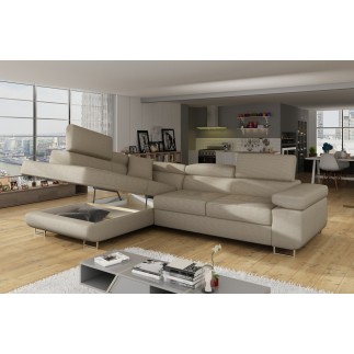 Canapé d'angle convertible en velours cotelé luxe 5 places, avec coffre, beige, angle gauche (vu de face), ANNECY VELOURS COTELE