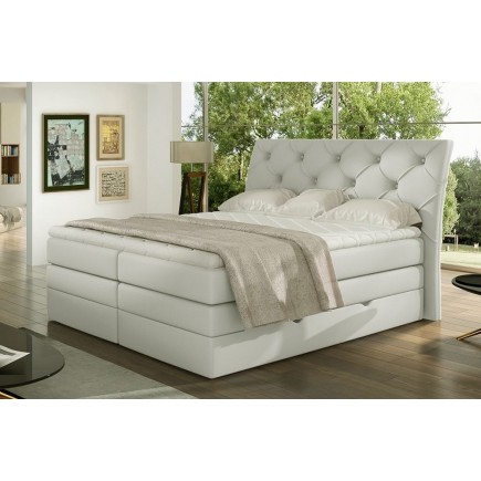 Ensemble boxspring complet tête de lit + sommiers + matelas + surmatelas MIRO en simili écru - 180x200 cm