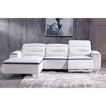 1er paimement de la commande: Canapé d'angle relax en cuir buffle italien de luxe FUNRELAX, blanc et gris foncé, angle gauche vu