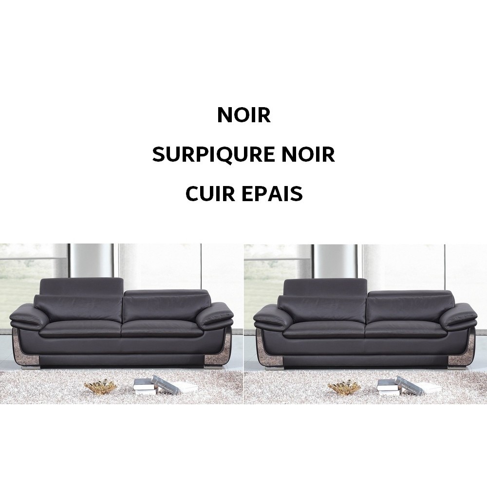 Solde paiement commande: 2 Canapés 3 places en cuir italien buffle ITALINA, noir avec surpiqure noir, OPTION CUIR EPAIS, 6x sans