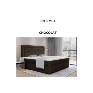 Ensemble boxspring complet tête de lit + sommiers + matelas + surmatelas IDYLLE - SIMILI chocolat - 160x200 cm