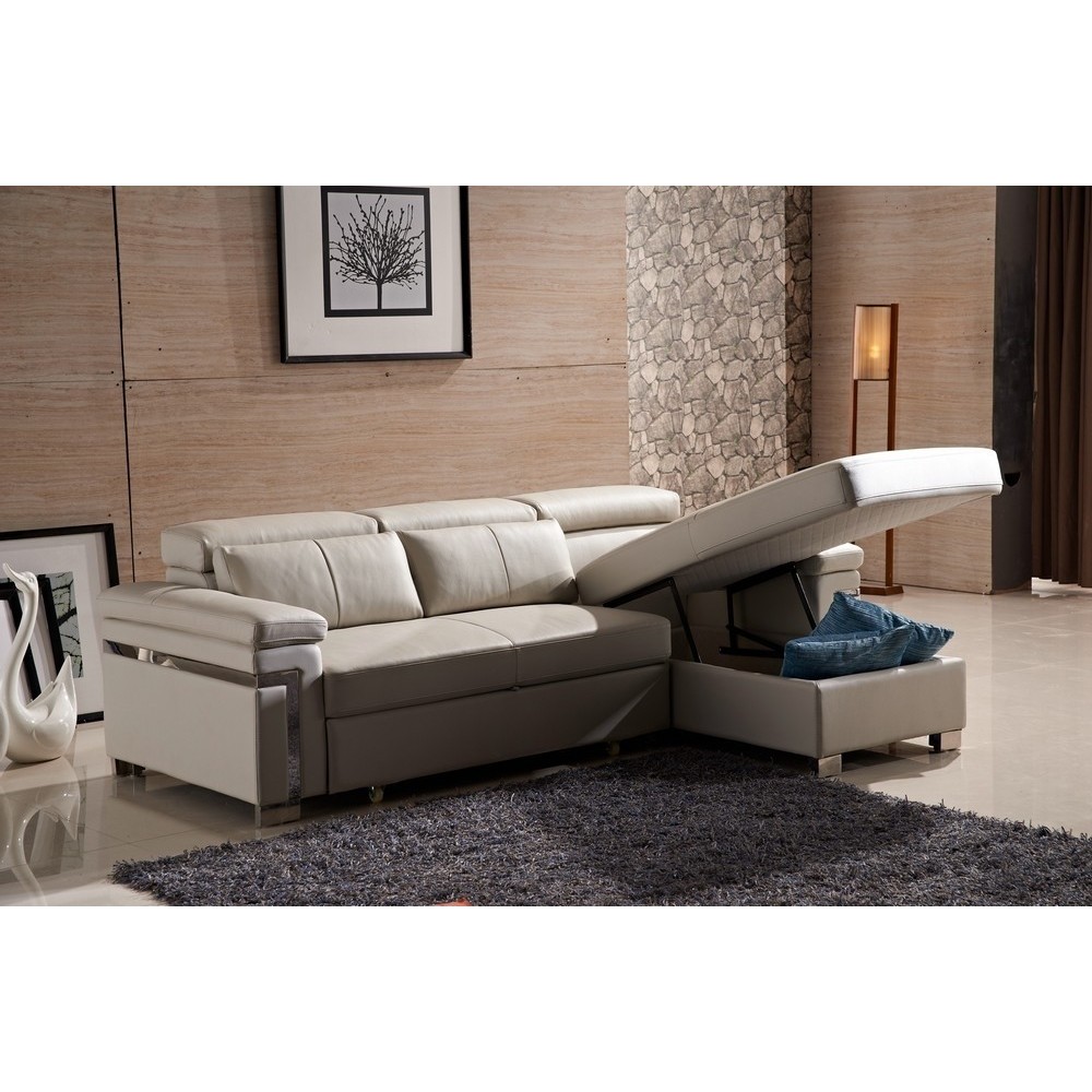 Canapé d'angle convertible en cuir buffle italien 5 places, ALLURE, beige, angle droit