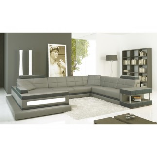 Canapé d'angle en cuir italien 8 places MAJESTIC, gris clair