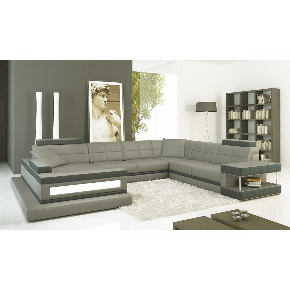 Canapé d'angle en cuir italien 8 places MAJESTIC, gris clair, angle droit Canapé d'angle en cuir italien 8 places MAJESTIC, gris clair, angle droit