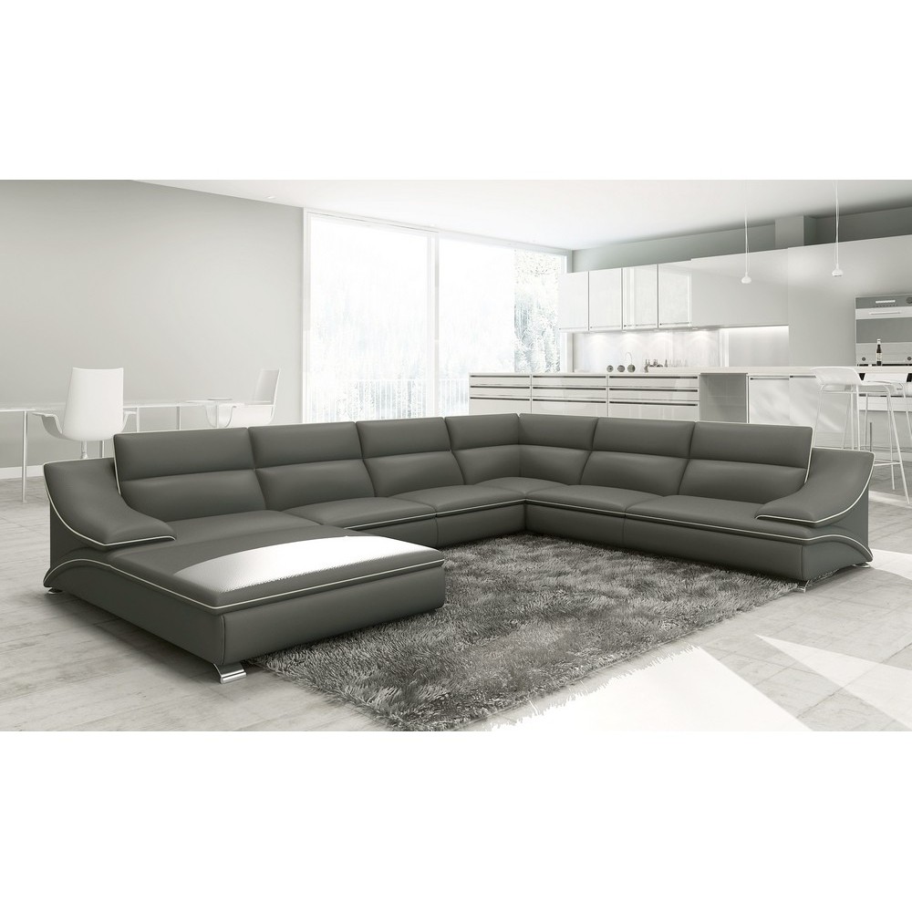 Canapé d'angle en cuir luxe italien 7 places ANGELO, gris foncé et blanc, angle droit