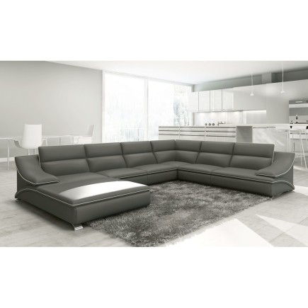 Canapé d'angle en cuir luxe italien 7 places ANGELO, gris foncé et blanc, angle droit