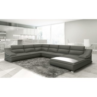- Canapé d'angle en cuir luxe italien 7 places ANGELO, gris foncé et blanc, angle gauche