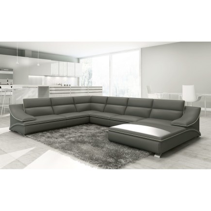 - Canapé d'angle en cuir luxe italien 7 places ANGELO, gris foncé et blanc, angle gauche