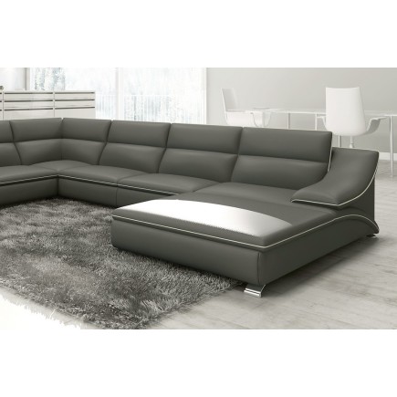 - Canapé d'angle en cuir luxe italien 7 places ANGELO, gris foncé et blanc, angle gauche