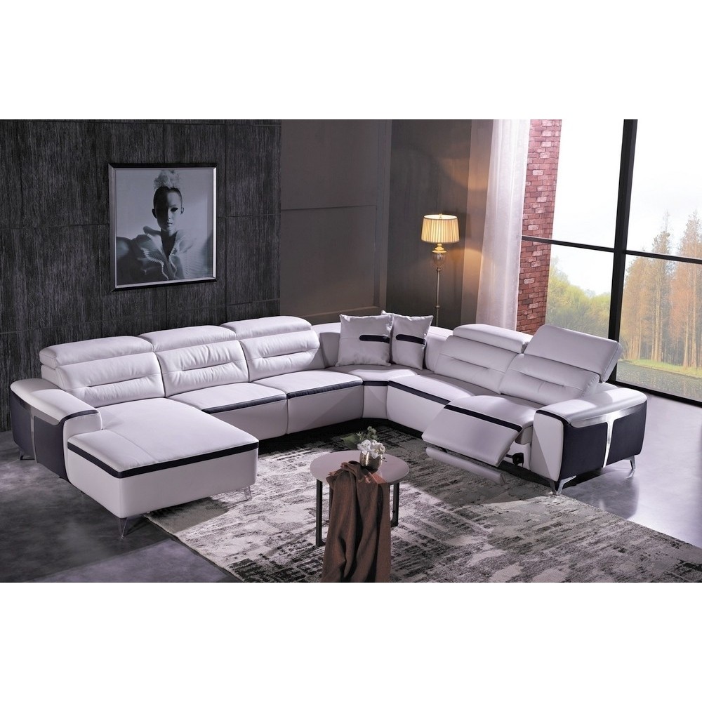Canapé d'angle relax électrique en cuir buffle italien de luxe COMBIRELAX, blanc et noir, angle droit, 7/8 places Canapé d'angle relax électrique en cuir buffle italien de luxe COMBIRELAX, blanc et noir, angle droit, 7/8 places