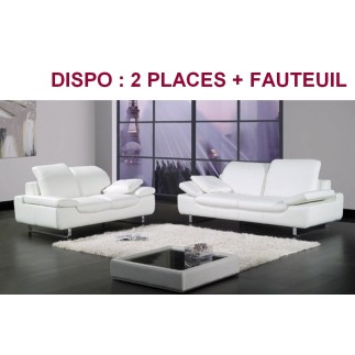 Ensemble : canapé 2 places + fauteuil en cuir supérieur luxe haut de gamme italien, TORINO, blanc